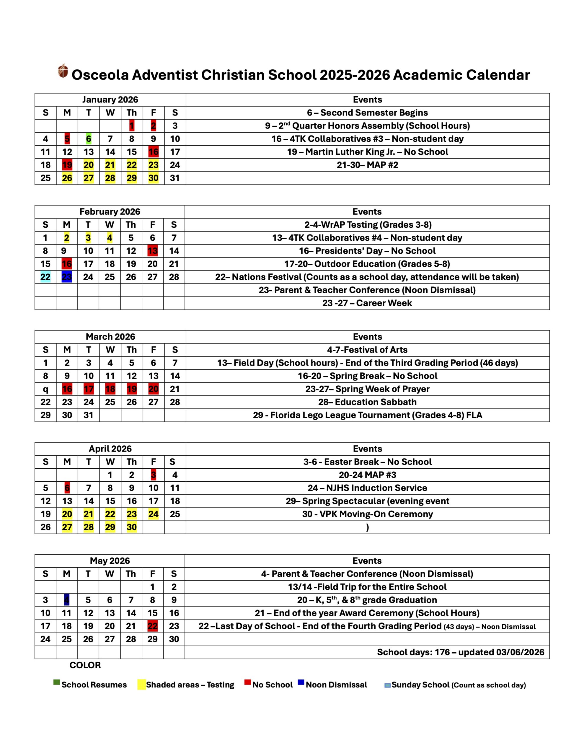 Calendar - OACS (K) - Spring 2026