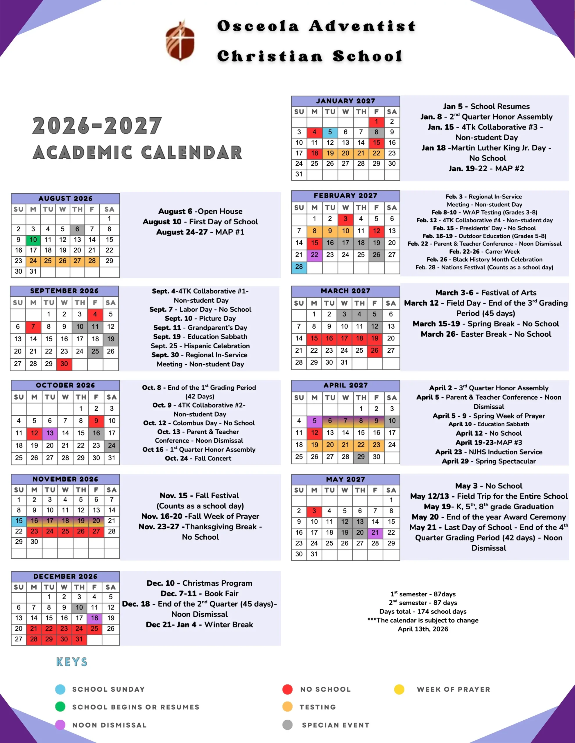 Osceola Adventist Christian School 2026–2027 academic calendar with monthly calendars and key dates.