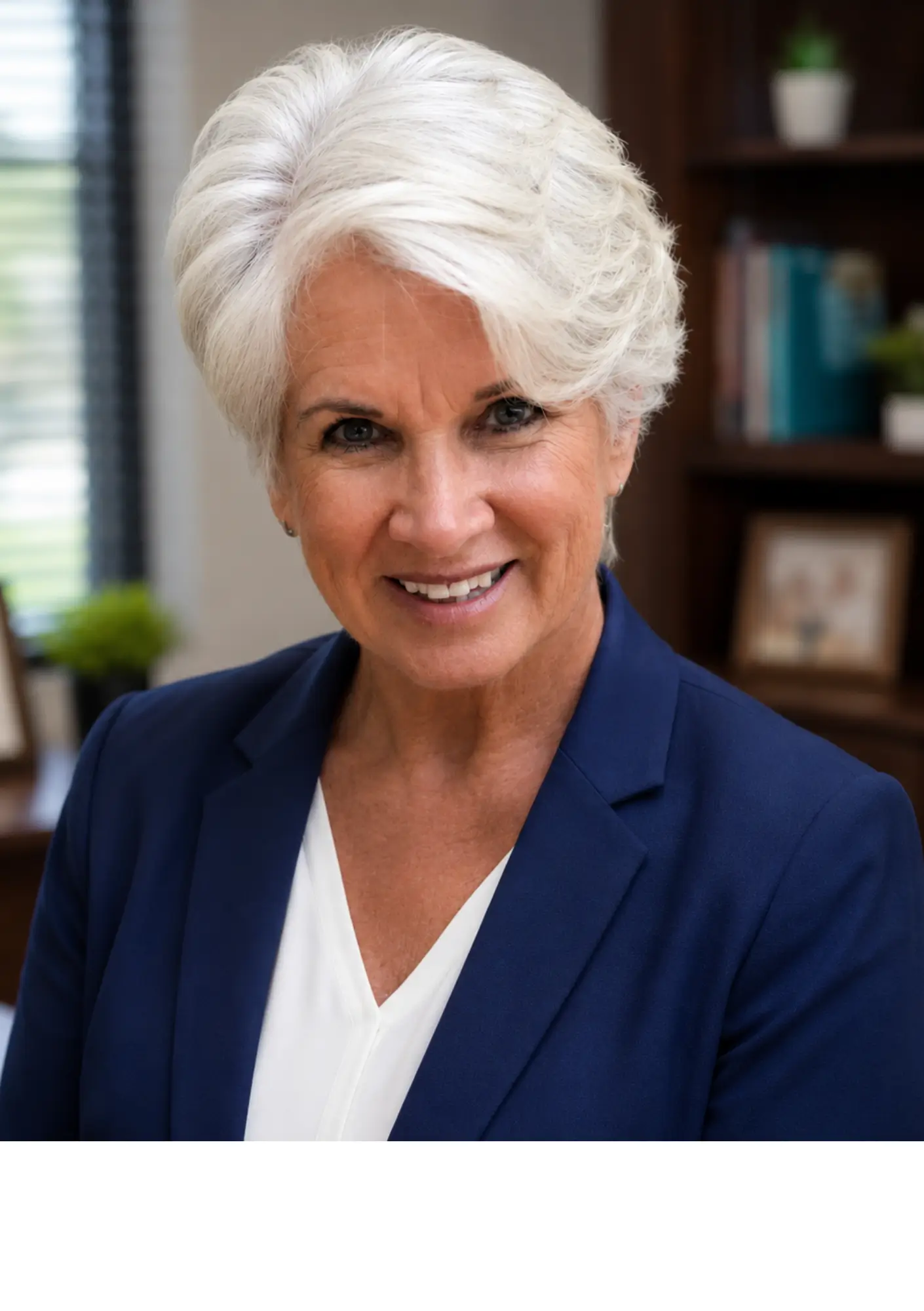 Professional woman with short white hair smiling, wearing a navy blazer in an office setting