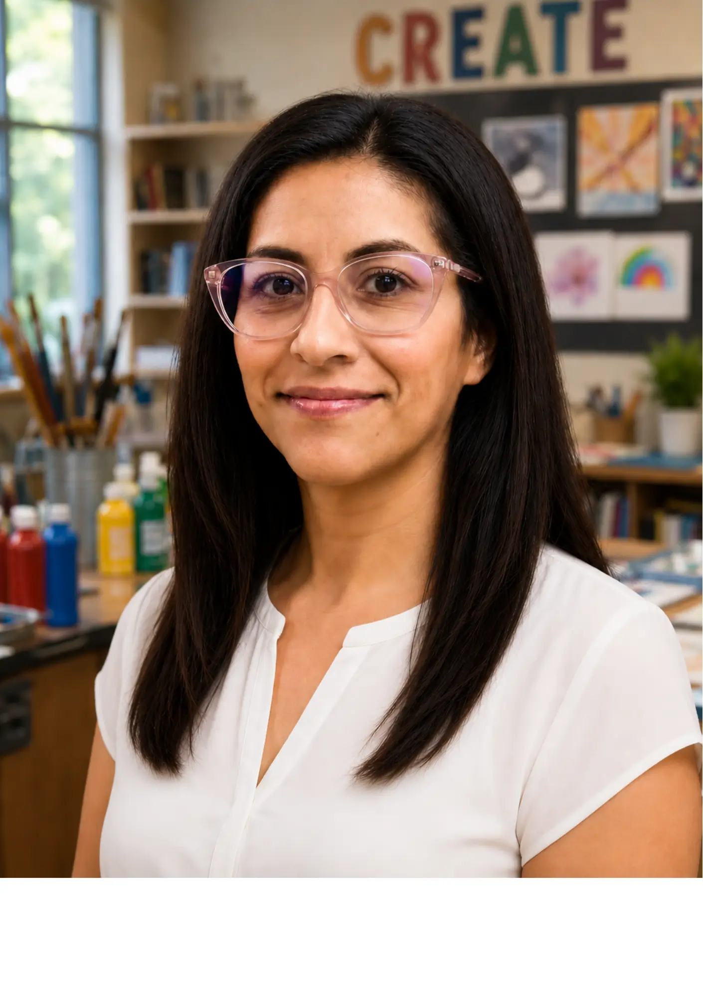 Portrait of a woman with long dark hair and pink glasses in an art classroom, with supplies and colorful artwork on the wall behind her.
