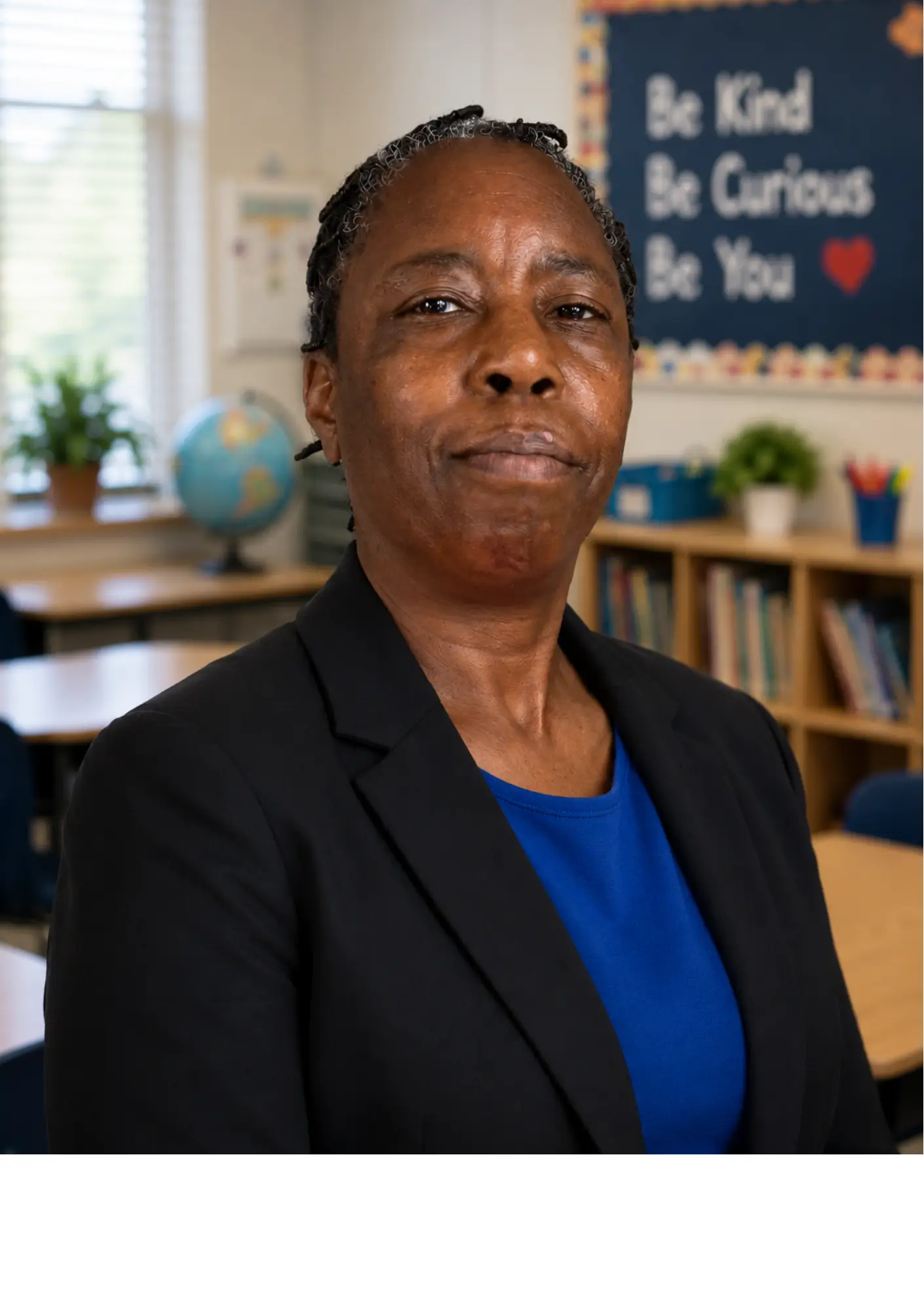Adult woman in a blue top and black blazer in a classroom, with a globe and books behind her, smiling subtly into the camera.